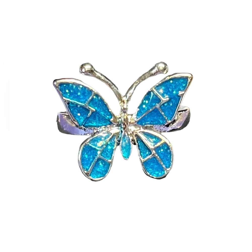 2/22 Pretty butterfly “blue fireopal” ring silver tone